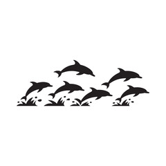Silhouette of a pod of dolphins leaping from the ocean waves