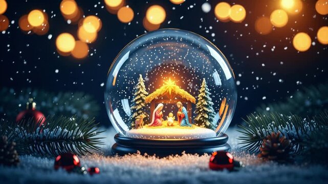 Nativity snow globe sparkles with falling snow