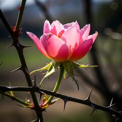 Close-up of a delicate pink rose flower blooming on a thorny branch with a blurred natural background