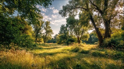 Obraz premium Sunlight streams through a lush forest clearing