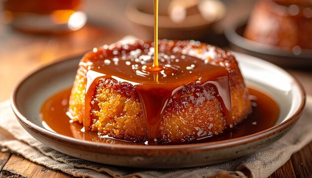 Delicious sticky toffee pudding with caramel sauce drizzled on top, perfect dessert and food