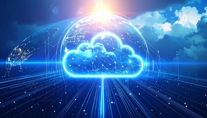 Abstract global cloud computing network illustration showcasing data transfer, digital connectivity, and advanced technology infrastructure for a futuristic vision