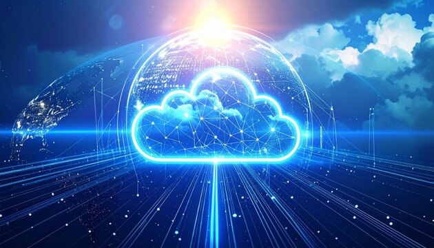 Abstract global cloud computing network illustration showcasing data transfer, digital connectivity, and advanced technology infrastructure for a futuristic vision