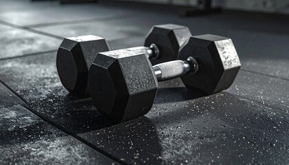 Pair of black hexagonal dumbbells resting on a textured gym floor, ready for a workout session
