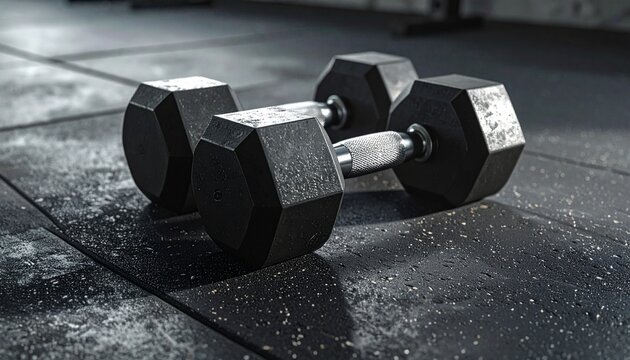 Pair of black hexagonal dumbbells resting on a textured gym floor, ready for a workout session - Powered by Adobe