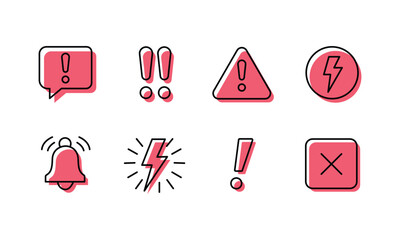 Collection of warning and alert notification icons in pink and black