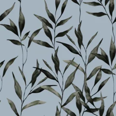 Gordijnen Bladeren Botanical seamless pattern featuring watercolor-style dark charcoal grey leafy branches on a muted blue background  © momosama