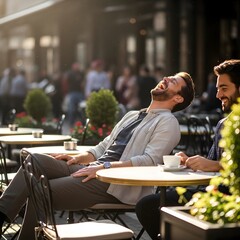 Two men enjoying a lively conversation and laughter while sitting outdoors at a cafe on a sunny day with a blurred background of other patrons and greenery