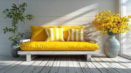 Yellow couch with pillows and flowers in a bright room with sunlight.