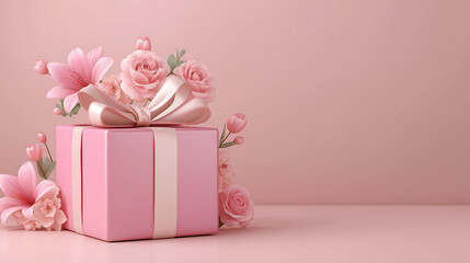 Pink gift box with flowers present birthday valentine's day celebration, Mother's Day background.