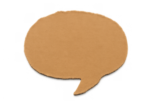 Torn brown paper speech bubble on a transparent background, communicating ideas and dialogue with a cutout shape