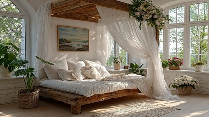 Bright bedroom with canopy bed white curtains flowers and natural light.