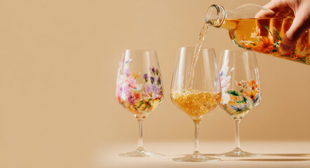 Hand pours colorful floral themed liquid into elegant glasses, creating vibrant and inviting atmosphere. floral designs on glasses enhance aesthetic appeal, making it perfect for gatherings