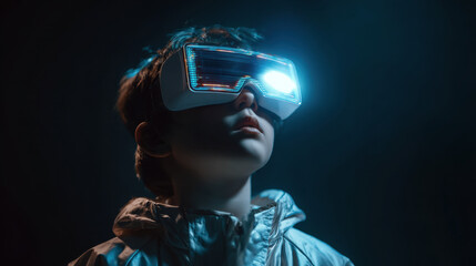 Young boy wearing futuristic virtual reality glasses gazes upward, immersed in digital world. glowing lights from glasses create captivating atmosphere, enhancing sense of wonder and exploration