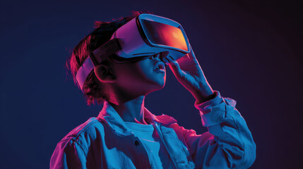Young boy wearing virtual reality glasses explores vibrant digital world, showcasing curiosity and wonder. colorful lighting enhances immersive experience