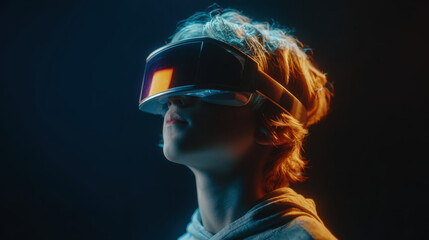 Young boy wearing virtual reality glasses, immersed in digital world, showcasing curiosity and excitement. vibrant lighting enhances futuristic atmosphere