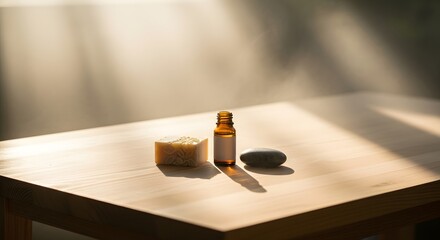A minimalist composition featuring a small soap bar, a brown glass bottle, and a smooth stone on a wooden surface illuminated by soft natural light