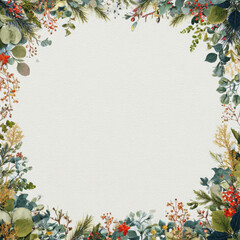 Beautiful winter frame featuring array of colorful foliage, including pine, eucalyptus, and berries, perfect for holiday greetings or seasonal decorations