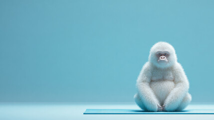 Fluffy white gorilla sitting calmly on yoga mat, surrounded by serene blue background, exuding sense of tranquility and peace. This adorable creature embodies relaxation and mindfulness