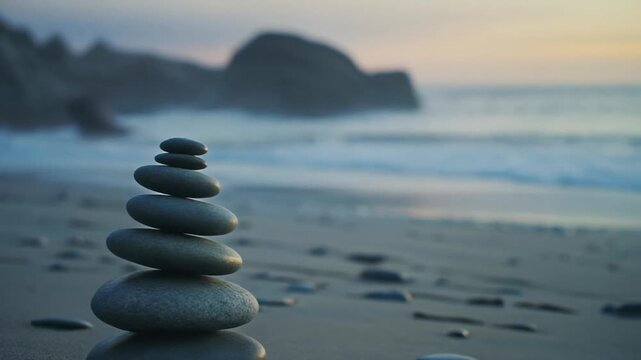 Tranquil arrangement of stacked stones on a sandy beach, bathed in soft natural light. Evokes balance, mindfulness, and calmness with a serene ocean background.