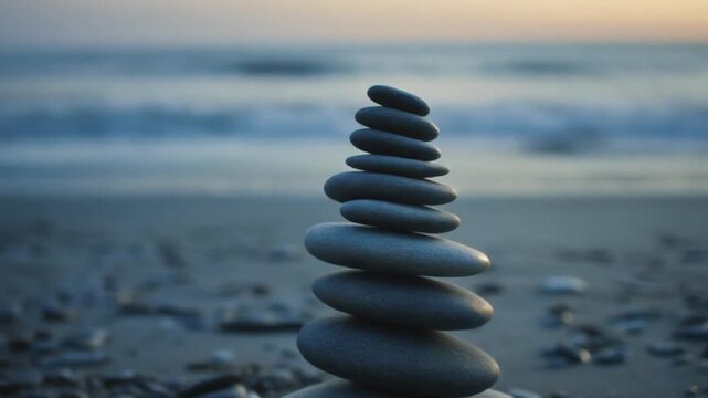 Tranquil arrangement of stacked stones on a sandy beach, bathed in soft natural light. Evokes balance, mindfulness, and calmness with a serene ocean background.