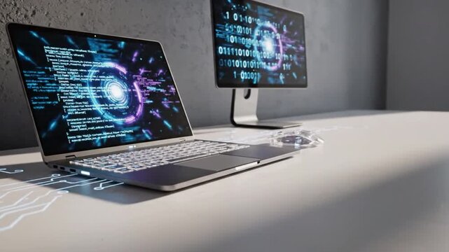 Modern workspace featuring two laptops displaying code on screens with a sleek, minimalist design