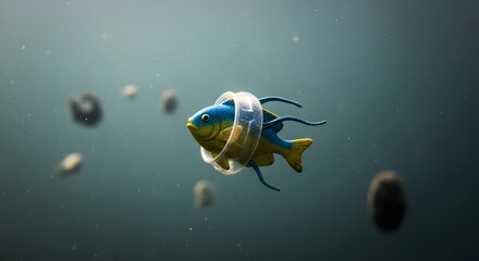 A colorful tropical fish swimming underwater amidst floating debris and bubbles in a vibrant aquatic scene
