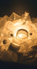 A collection of empty plastic bottles and containers illuminated by warm lighting, emphasizing environmental concerns related to plastic waste accumulation