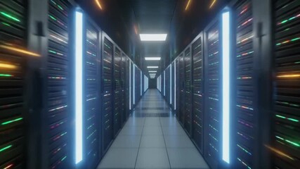 Server room filled with racks of glowing equipment, illuminated by neon lights and LED indicators. Futuristic, high-tech atmosphere with deep perspective and ambient reflections. - Powered by Adobe