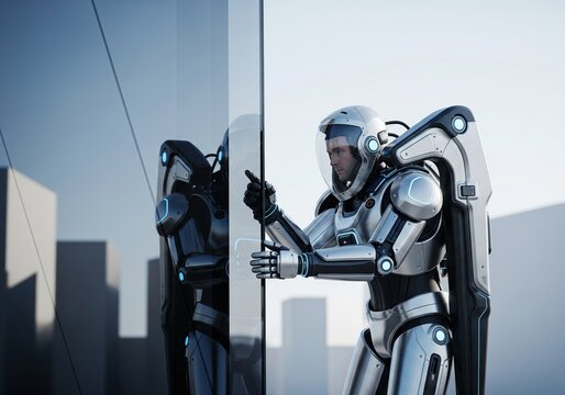 Futuristic Worker in Powered Exosuit Touching Large Glass Panel on Modern Building
