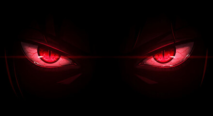 Intense anime eyes glowing with a fierce, demonic red, set against a dark, ominous background with sharp, angular shadows.