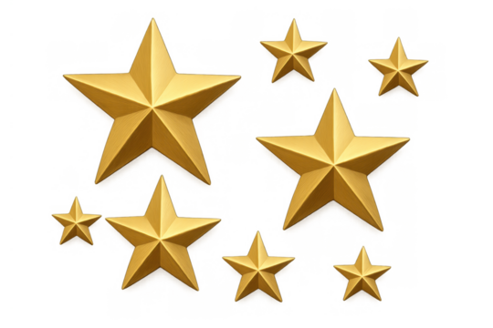 Golden stars in a 3d rendering design, representing achievement, success, or quality. Isolated graphic element