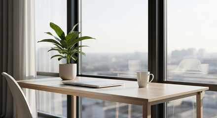 Modern coworking workspace laptop on wooden desk closeup. Organized work table