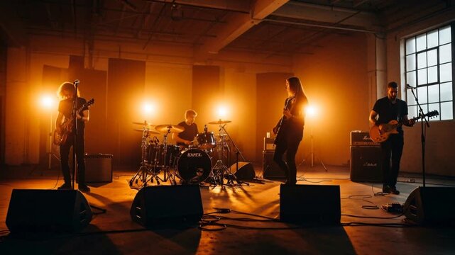 Rock band playing live music on stage at concert