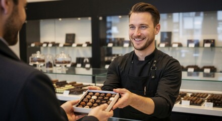 Friendly male chocolatier serving a customer in a gourmet chocolate shop. Seller presenting a box of assorted luxury pralines for purchase