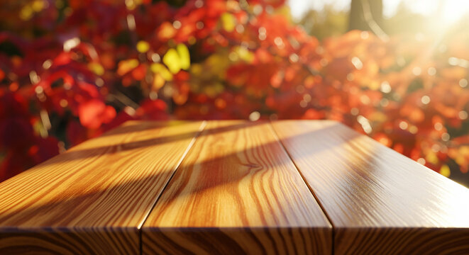 Autumn empty wooden table with falling yellow maple leaves on defocused autumn forest nature background at sunset. Thanksgiving, Halloween or autumn background with copy space.