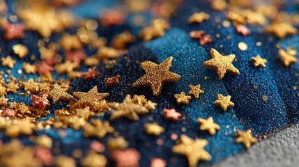 Star shaped sprinkles on a blue textured surface with colorful dots.
