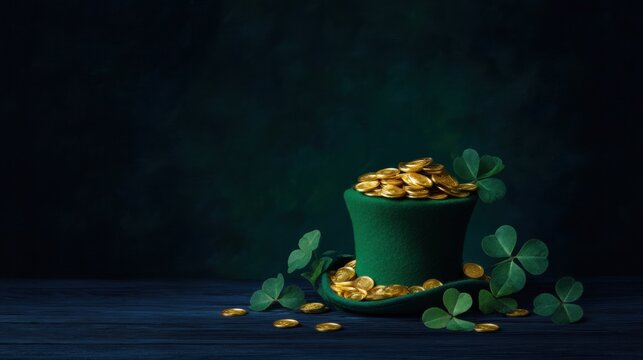 St. Patrick's Day Green Hat with Gold Coins and Lucky Shamrocks on Dark Background - Powered by Adobe