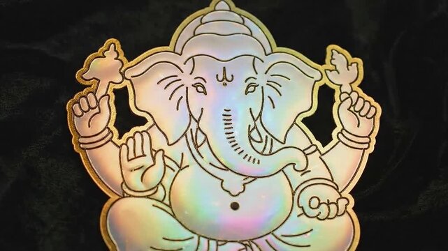 Animated Illustration Of Lord Ganesha In 4K With Golden Outline And Subtle Iridescent Shimmer Against A Dark Textured Background Ideal For Ganesh Chaturthi Celebrations