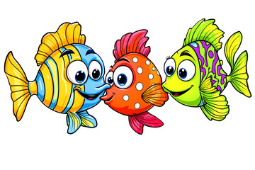 Joyful cartoon fish trio gliding coral reef water in vibrant art style