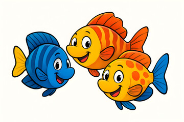 Happy cartoon fish trio exploring coral reef in vibrant ocean scene