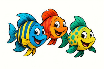 Cheerful cartoon fish trio swimming coral reef path vibrant style
