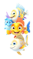 Tropical cartoon fish trio visiting coral reef in vibrant playful style