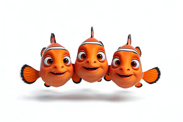Cartoon fish trio swimming together in vibrant coral reef style