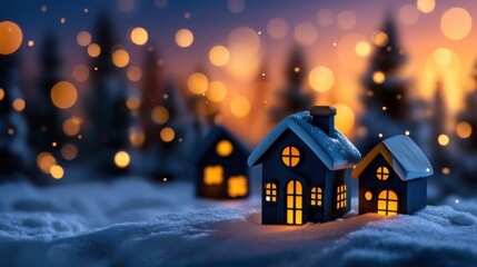 Naklejka premium Cozy Miniature Houses Glowing in Snowy Winter Night with Bokeh Lights