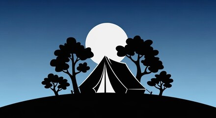 Serene camping getaway under the moonlight with a cozy tent surrounded by trees, perfect for outdoor adventure promotion or summer vacation vibes