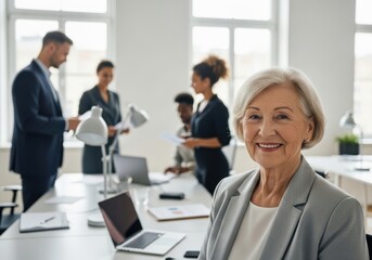 Obraz premium Smiling senior woman in modern office with colleagues working on laptops and papers