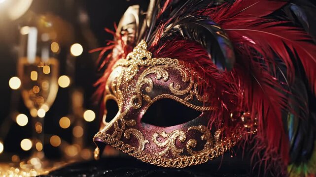 Elegant Venetian Masquerade Mask with Red Feathers and Gold Ornamentation for Carnival Celebration - Powered by Adobe