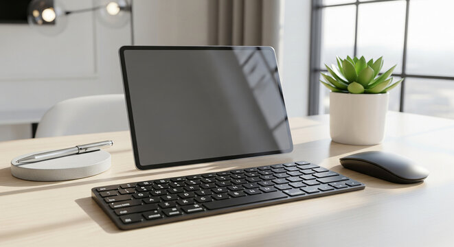 Stylish tablet resting on a wooden table next to a coffee cup in a serene cafe setting - Powered by Adobe
