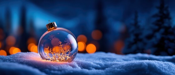 Magical Christmas Ornament Glowing on Snow with Festive Bokeh Lights
